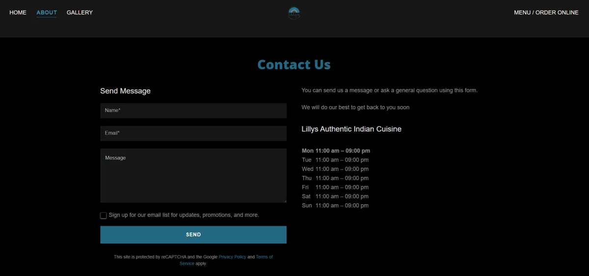 Lilly's Authentic Indian Cuisine, Contact form, before